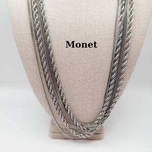Vintage Monet 54 Inch Triple Strand Silver Tone Chain Necklace Layering